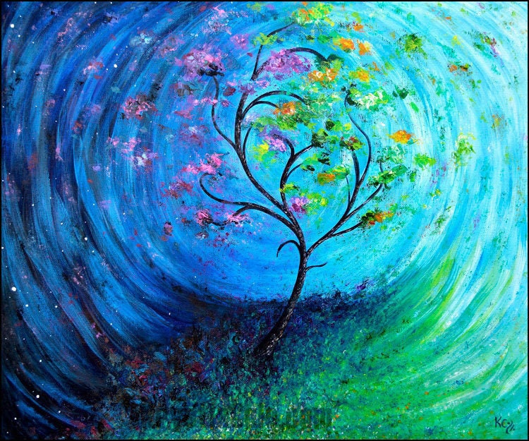 Psychedelic Surreal Landscape Art Decor with a Tree and Day Rotating into Night. Print of "Self Evolving" by Krystle Cole