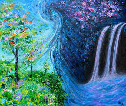 Surrealism Landscape Art Print, Night and Day with Waterfall and Trees, entitled "Atemporal Vortex" by Krystle Cole