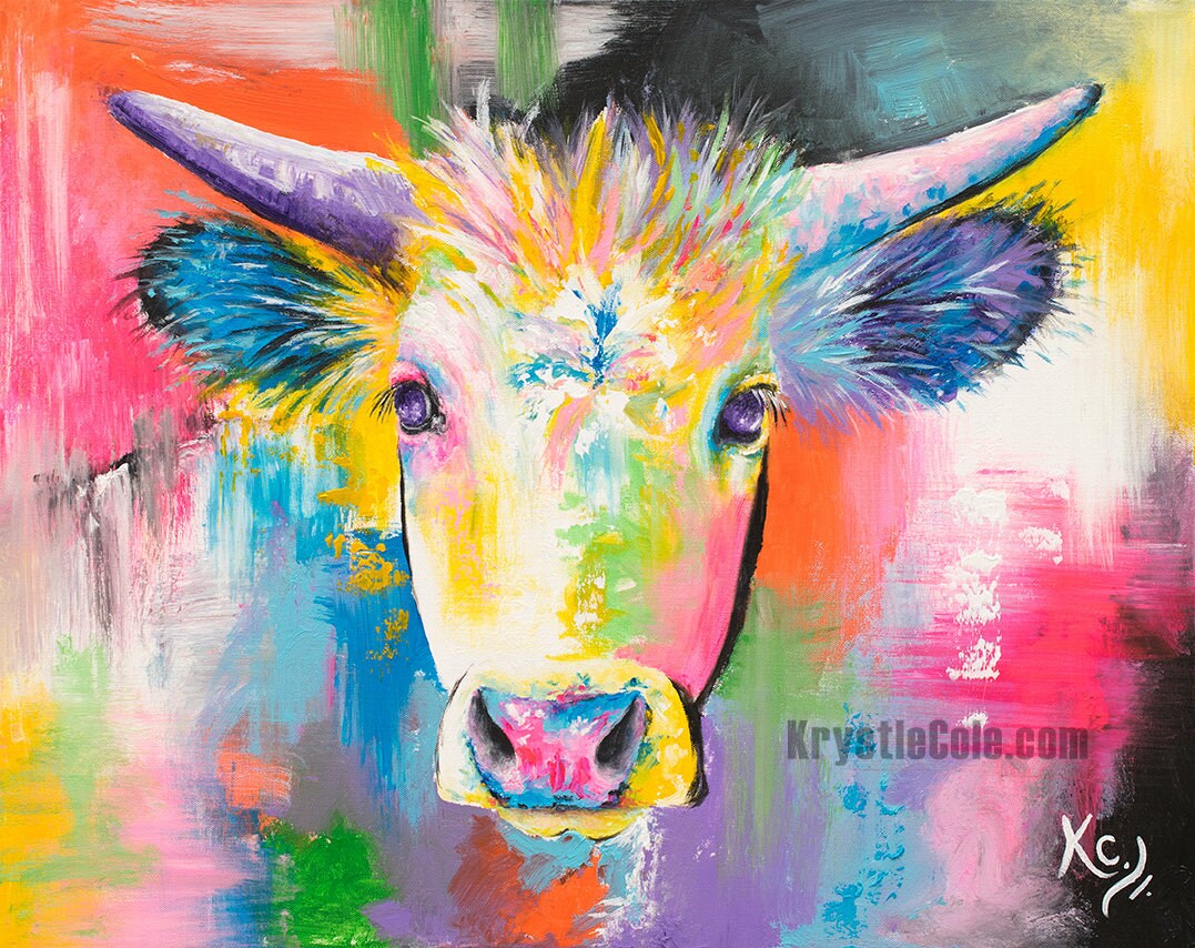 Psychedelic Cow Art - Rainbow Cow Wall Decor. Cow Artwork in Bright Colors. Colorful Cow Painting. Print on CANVAS or PAPER by Krystle Cole