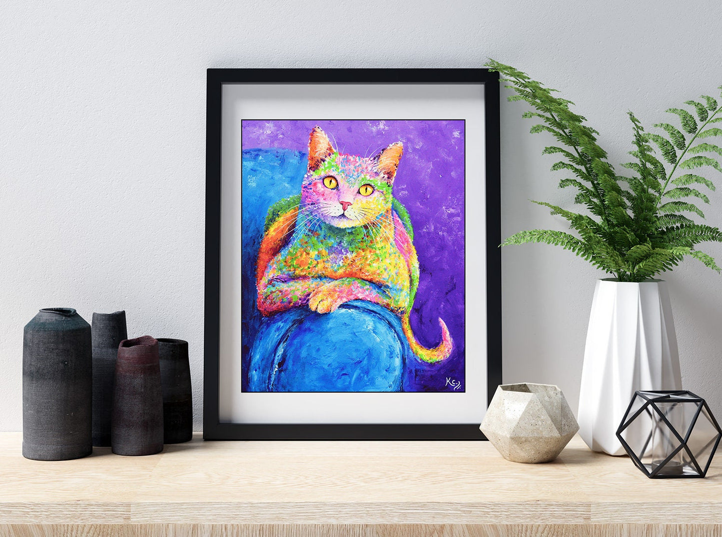 Colorful Cat Art on CANVAS or PAPER - Cat Portrait. Cat Poster. Cat Nursery Art. Modern Cat Painting. Cat Wall Art Print by Krystle Cole