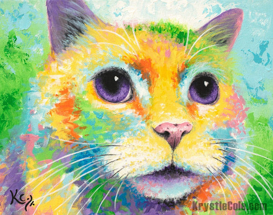 Colorful Cat Art Print on CANVAS or PAPER for Wall Decor or Gifts. Cat Artwork by Krystle Cole