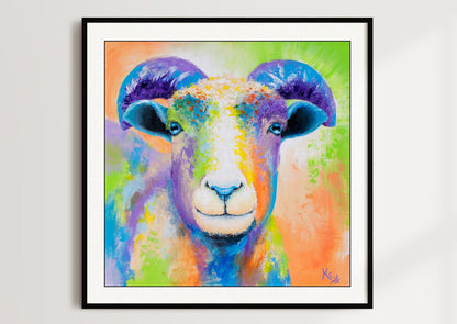 Orange Sheep Art - Blue Sheep Print. Rainbow Sheep Painting. Print on CANVAS or PAPER by Krystle Cole