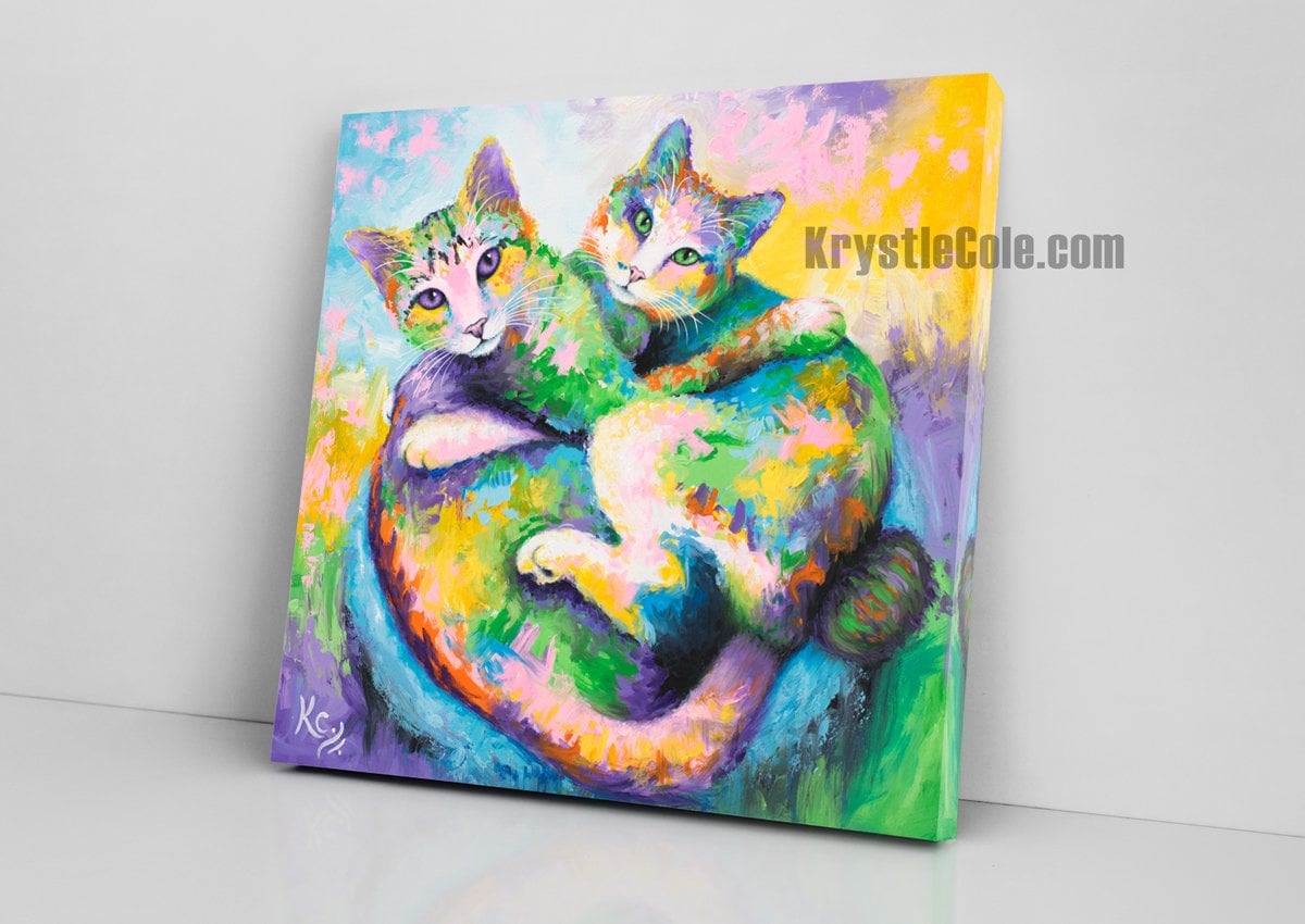 Colorful Cuddling Cats Art - Print on CANVAS or PAPER. Cute Cat Painting for Wall Decor or Gifts. Original Artwork by Krystle Cole