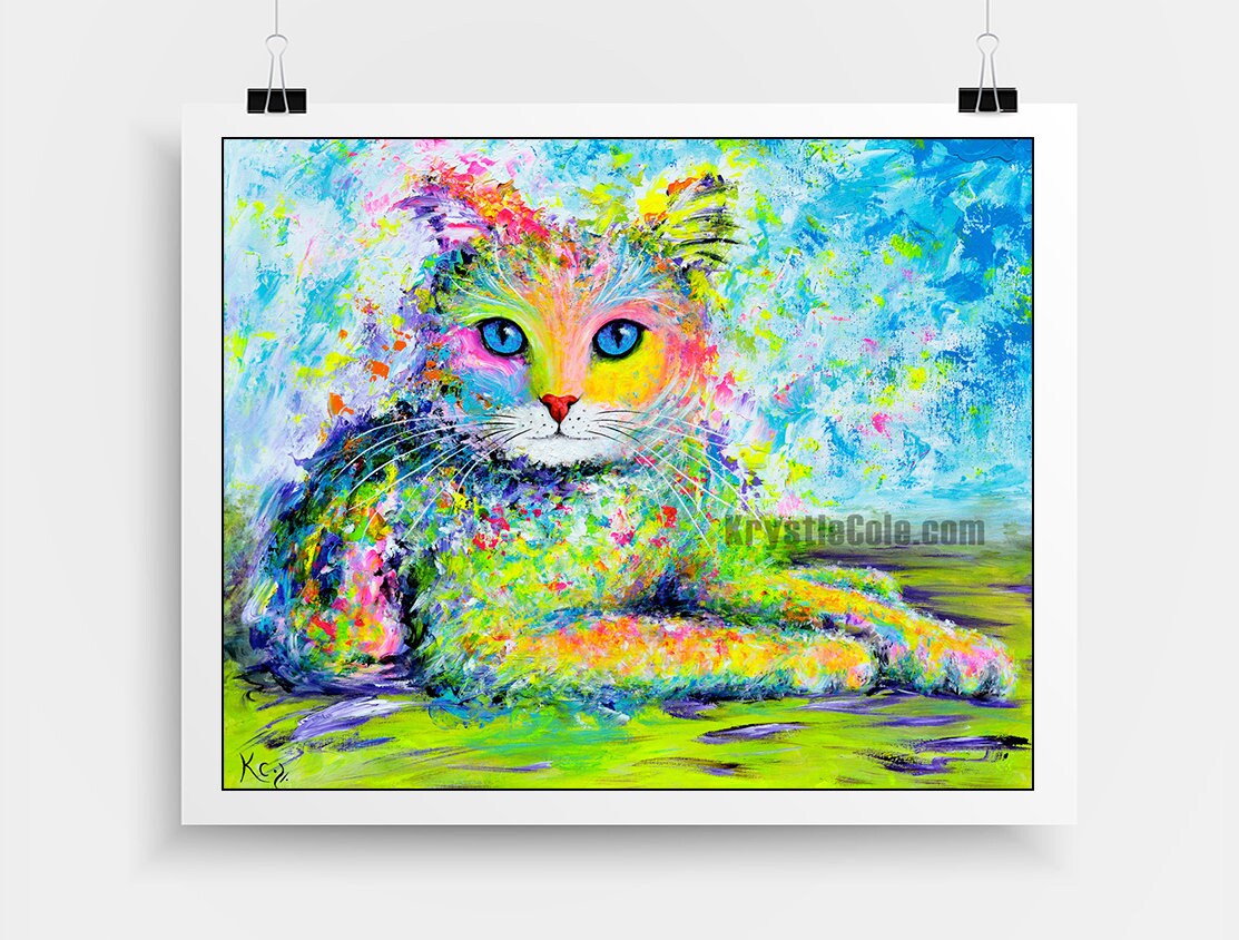 Rainbow Cat Art for Wall Decor or Gifts. Cat Print on PAPER or CANVAS by Krystle Cole