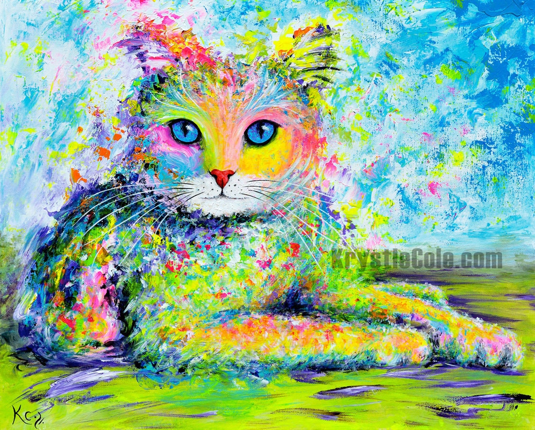 Rainbow Cat Art for Wall Decor or Gifts. Cat Print on PAPER or CANVAS by Krystle Cole