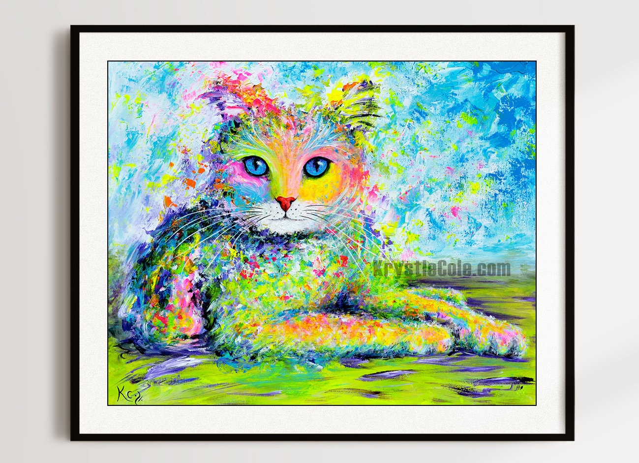 Rainbow Cat Art for Wall Decor or Gifts. Cat Print on PAPER or CANVAS by Krystle Cole