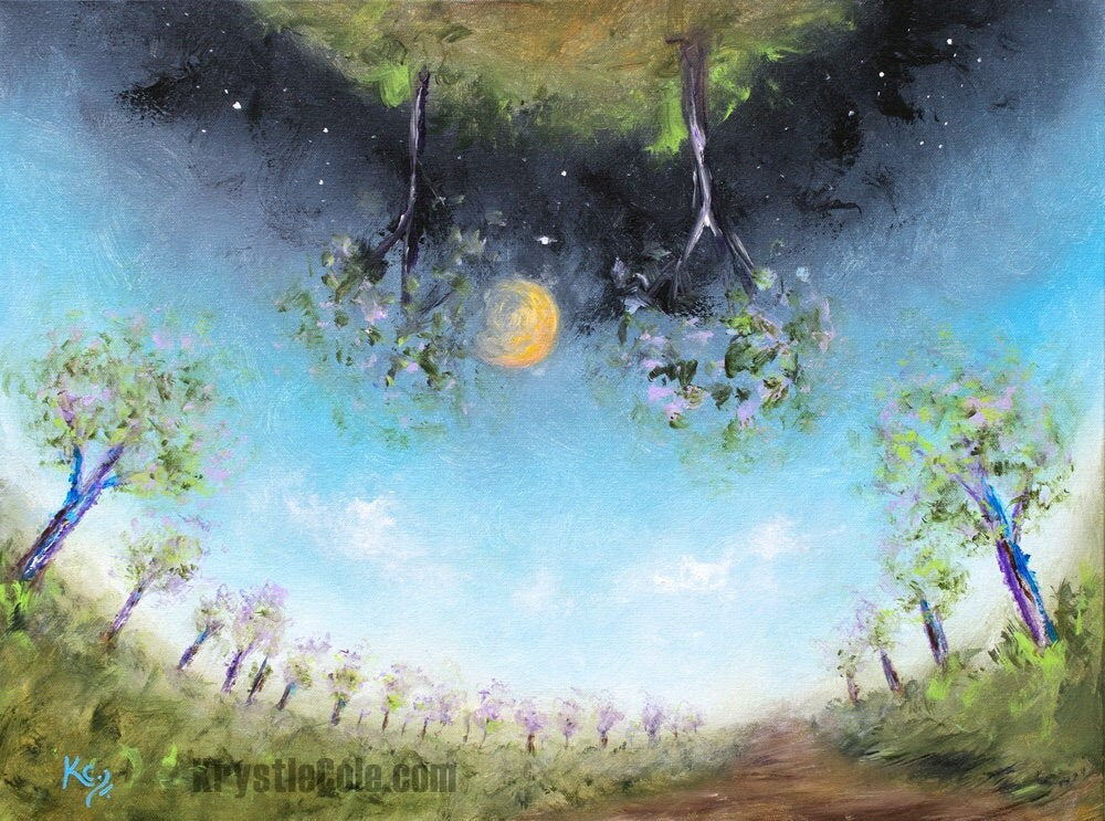 Boho Wall Decor - Surreal Visionary Art Print, Abstract Landscape w/ Night Sky, Space, Trees. "On the Path" by Krystle Cole