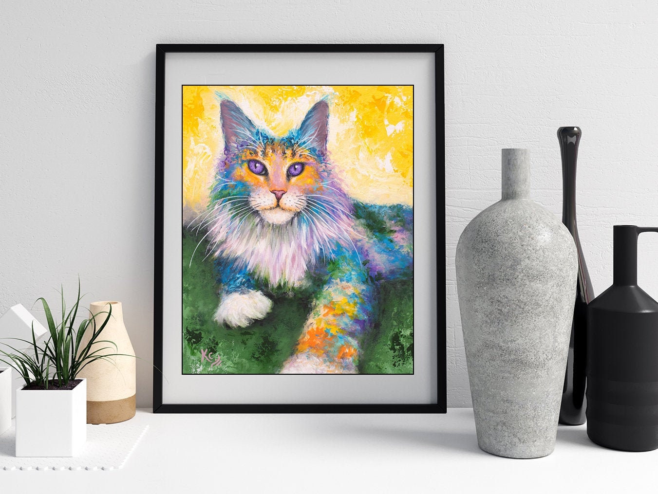 Maine Coon Cat Print - Cat Painting. Long-Haired Cat Art on CANVAS or PAPER by Krystle Cole