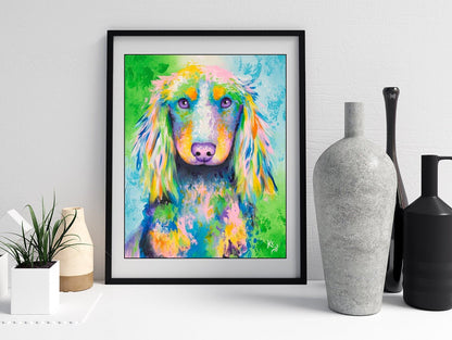 Long-haired Dachshund Wiener Dog Art Print on Paper or Canvas of Colorful Painting by Krystle Cole