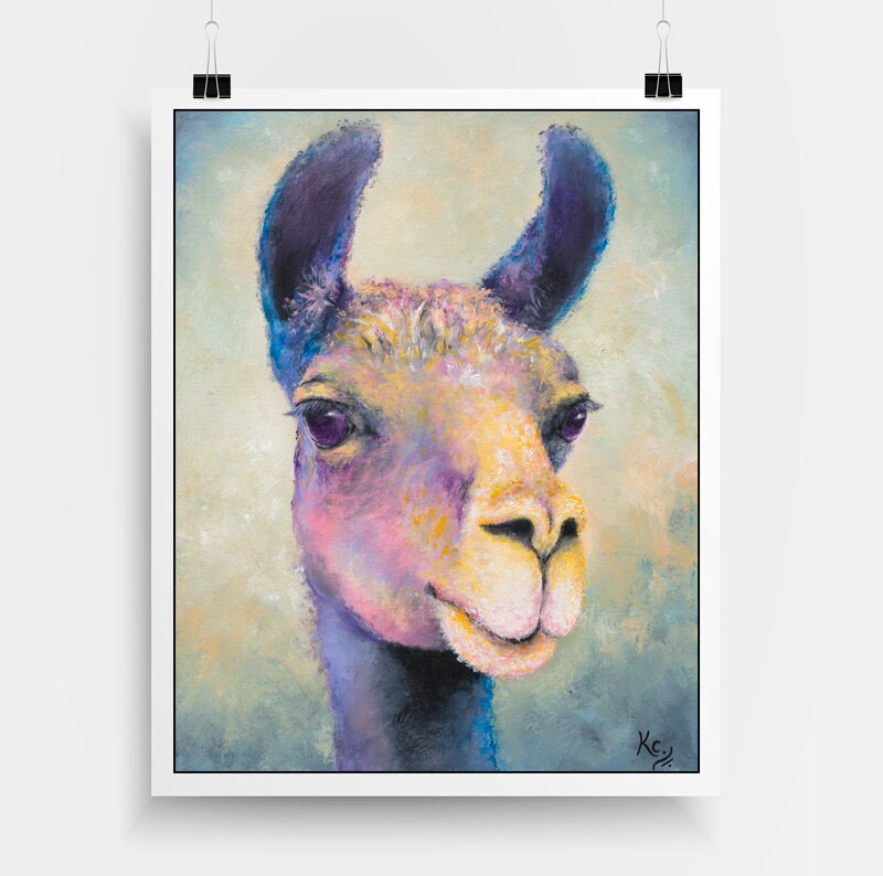 Llama Print - Llama Gifts. Blue Llama Art. Llama Painting. Print on CANVAS or PAPER by Krystle Cole