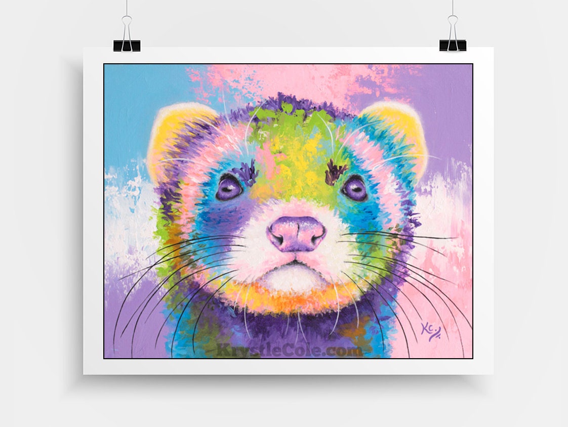 Ferret Art Print on Paper or Canvas of Rainbow Pop Painting by Krystle Cole