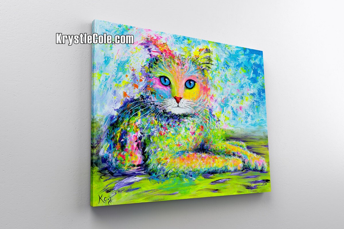 Rainbow Cat Art for Wall Decor or Gifts. Cat Print on PAPER or CANVAS by Krystle Cole