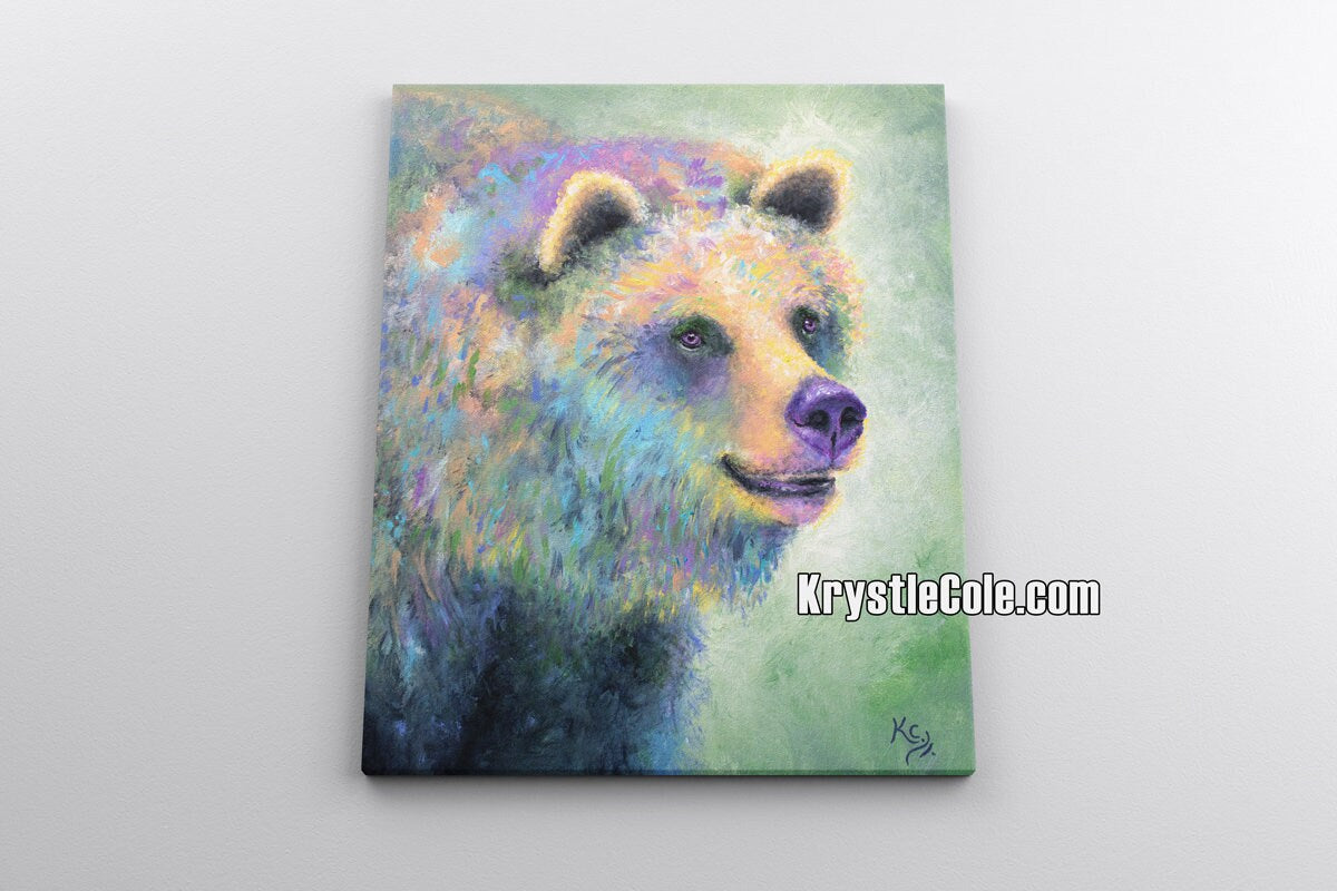 Grizzly Bear Art - Bear Print on CANVAS or PAPER. Colorful Bear Painting by Krystle Cole