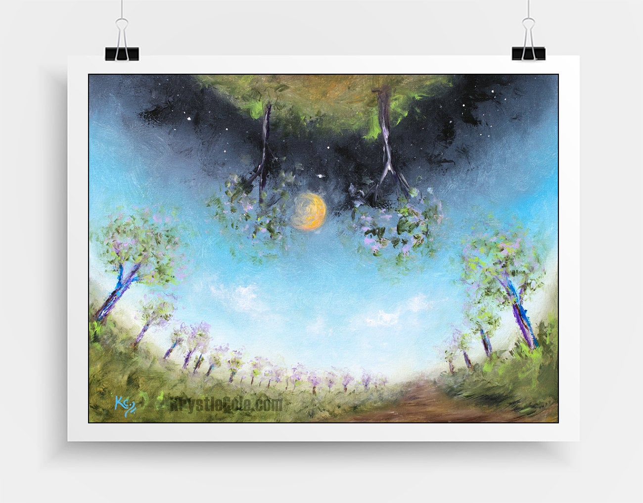 Boho Wall Decor - Surreal Visionary Art Print, Abstract Landscape w/ Night Sky, Space, Trees. "On the Path" by Krystle Cole