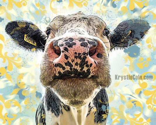 Cow Wall Art - Cow Print. Cow Gifts. Yellow and Blue Heffer. Female Cow Artwork on CANVAS or PAPER *Each Print Hand Signed*