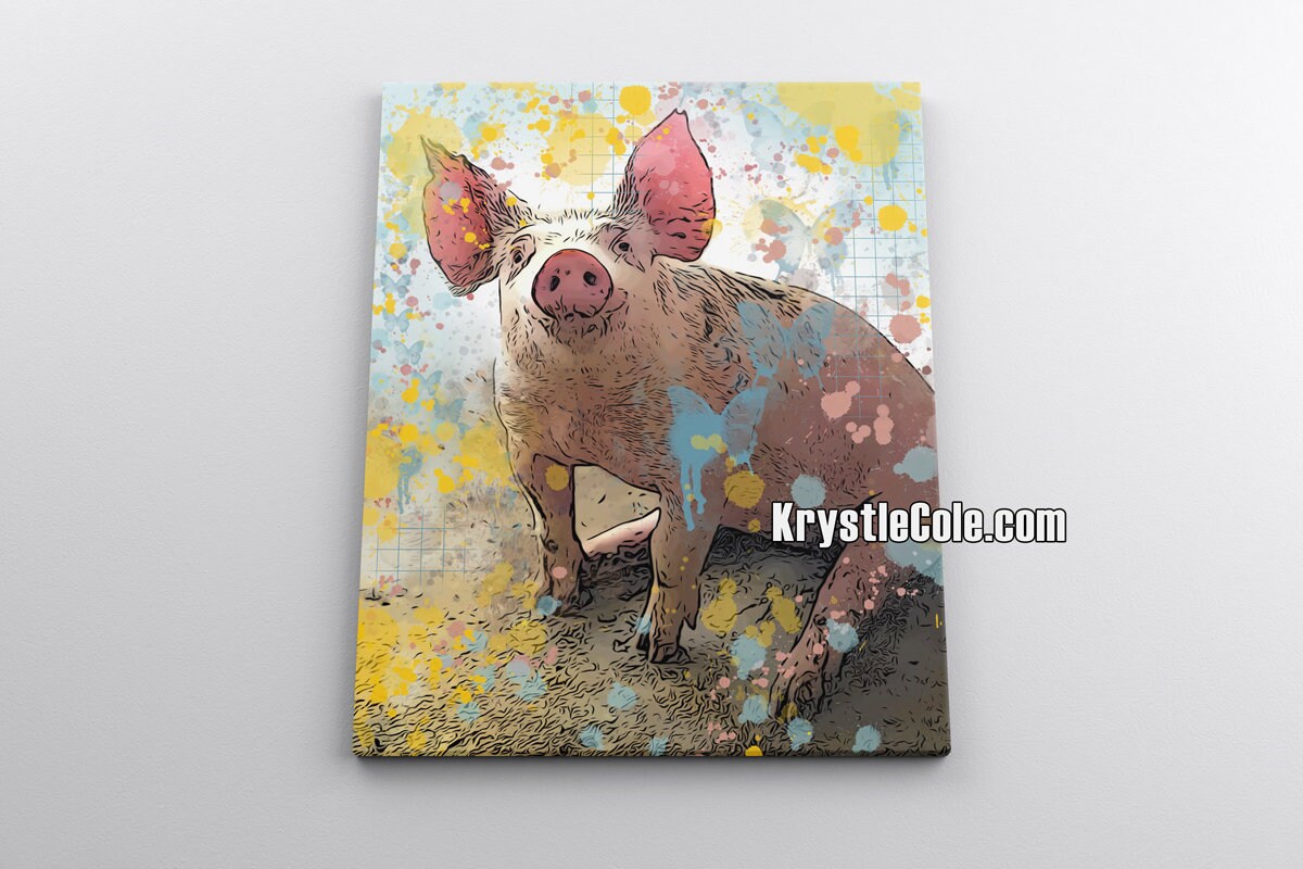 Pink Pig Art - White Pig with Butterflies. Pig Gifts. Pig Print on CANVAS or PAPER *Each Print Hand Signed*
