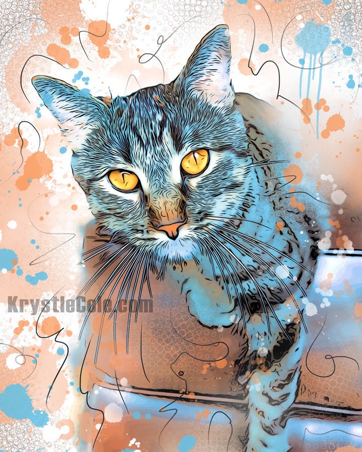 Tabby Cat Wall Art - Cat Artwork. Blue Cat Art on CANVAS or PAPER by Krystle Cole *Each Print Hand Signed*