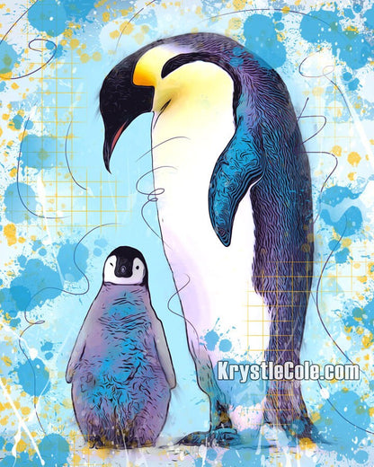 Penguin Art - Mother and Baby Emperor Penguins. Penguin Print on CANVAS or PAPER. *Each Print Hand Signed*