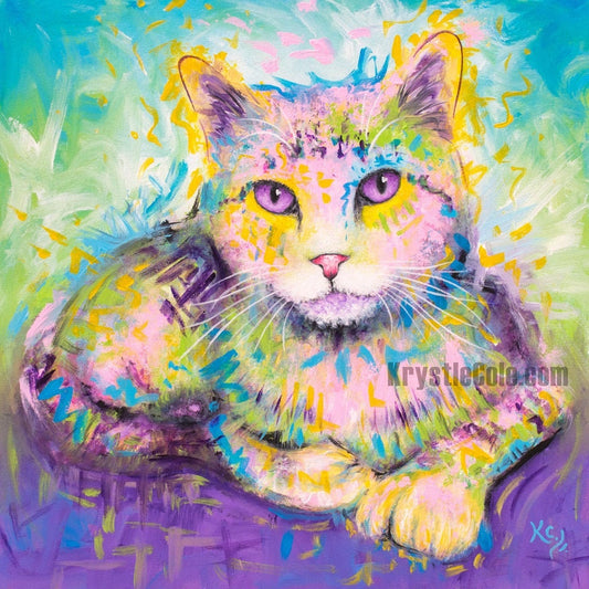 Polydactyl Cat Print - Rainbow Cat Art CANVAS or PAPER print. Cat Painting by Krystle Cole