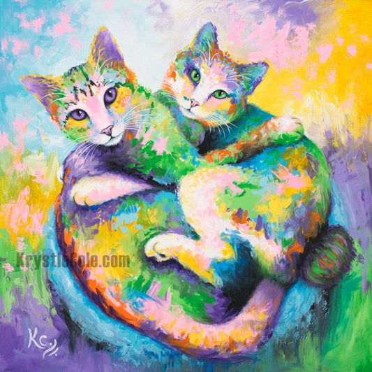 Colorful Cuddling Cats Art - Print on CANVAS or PAPER. Cute Cat Painting for Wall Decor or Gifts. Original Artwork by Krystle Cole