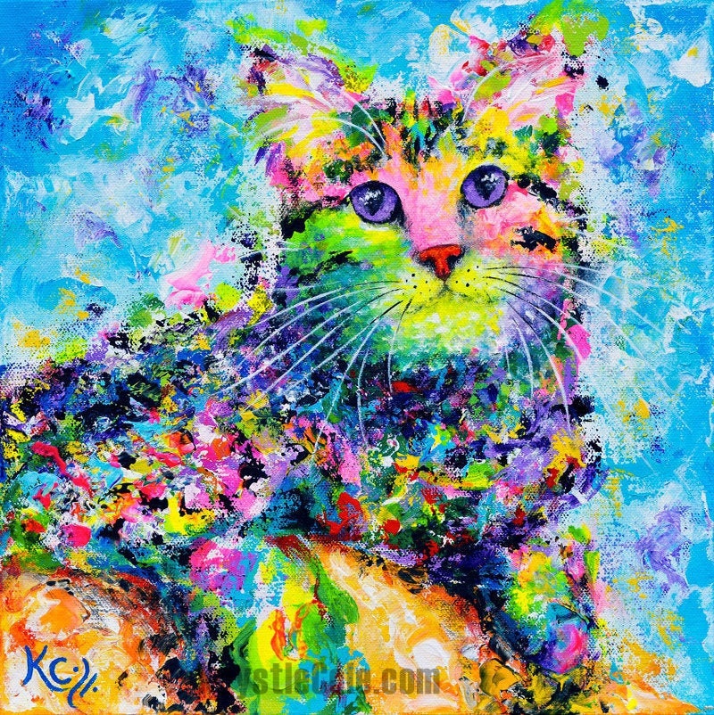 Tabby Cat Print - Cat Painting. Abstract Cat Art on CANVAS or PAPER. Colorful Cat Portrait by Krystle Cole