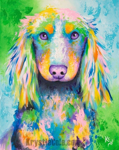 Long-haired Dachshund Wiener Dog Art Print on Paper or Canvas of Colorful Painting by Krystle Cole