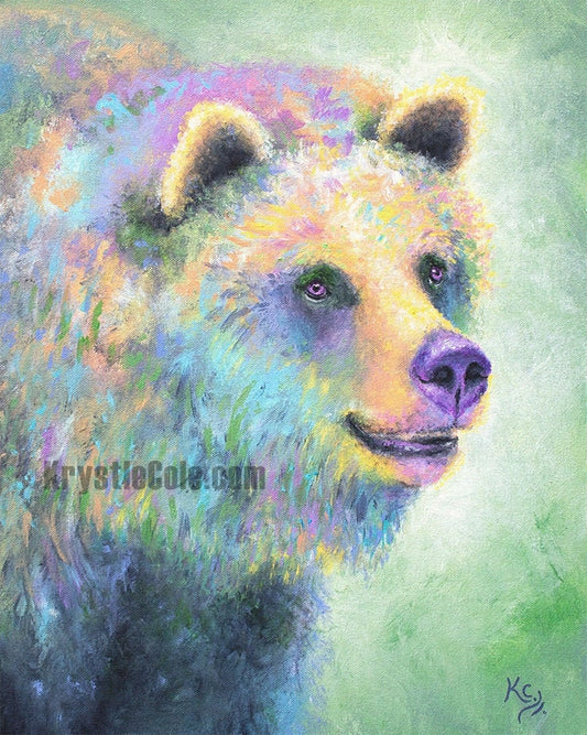 Grizzly Bear Art - Bear Print on CANVAS or PAPER. Colorful Bear Painting by Krystle Cole