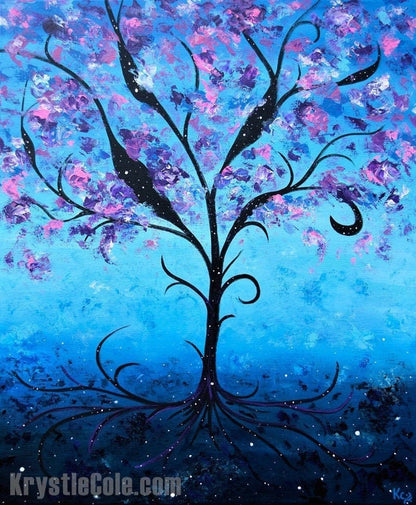 Tree of Life Art Print on PAPER or CANVAS- Surreal Night Fantasy Landscape with Stars and Space. "Cosmic Life Tree" by Krystle Cole