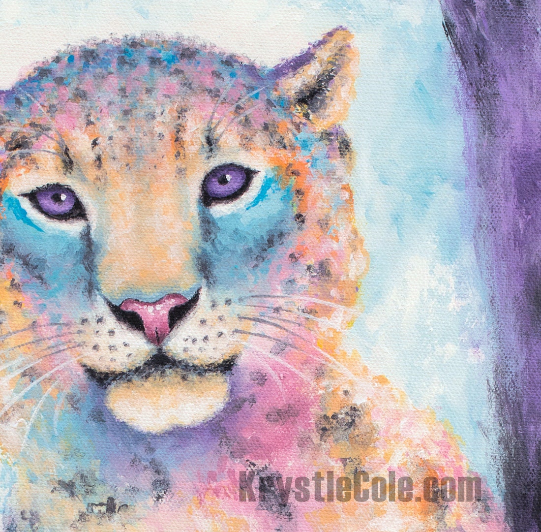 Snow Leopard Art Print - Rainbow Pastel Big Cat Painting. Print on CANVAS or PAPER by Krystle Cole