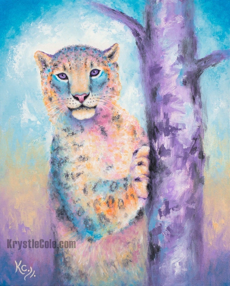 Snow Leopard Art Print - Rainbow Pastel Big Cat Painting. Print on CANVAS or PAPER by Krystle Cole