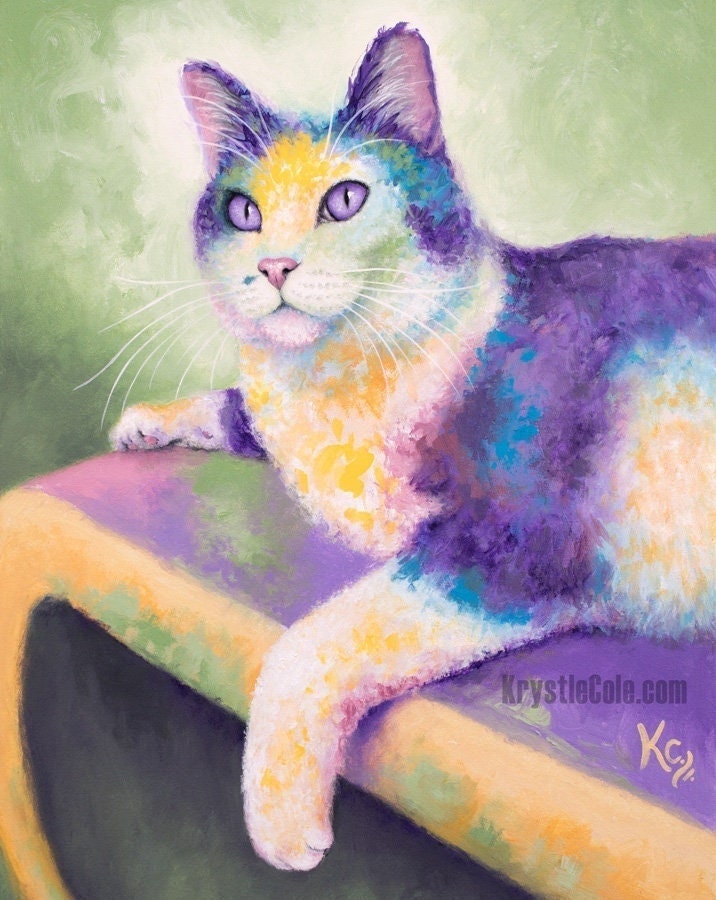 Tuxedo Cat Painting - Colorful Cat Art Print on CANVAS or PAPER. Original Artwork by Krystle Cole