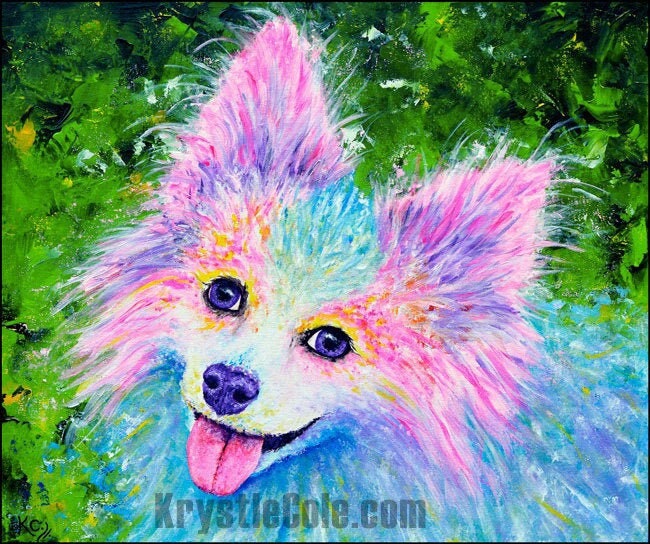 Pink Dog Painting - Papillon Art, Pomeranian Art, Pom Gifts. Print on CANVAS or PAPER