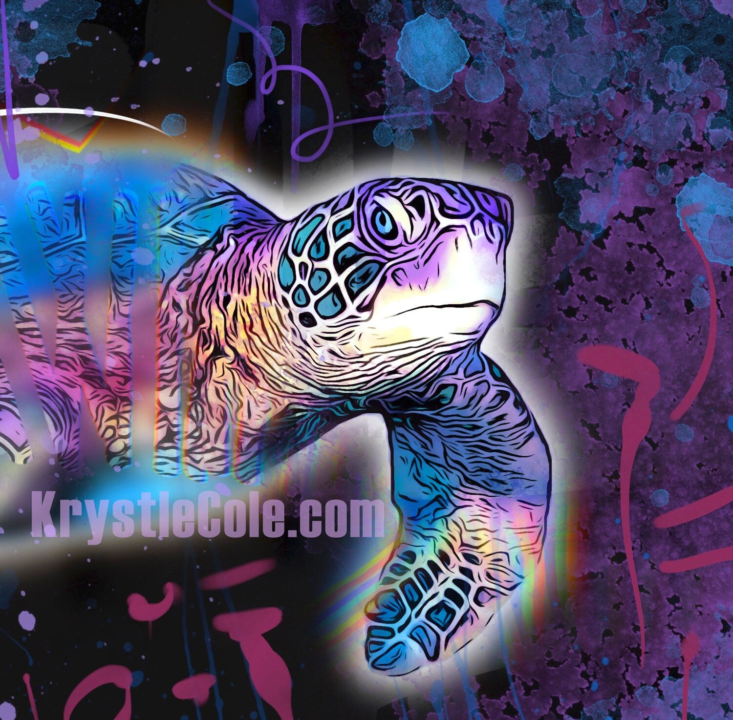Sea Turtle Art Print on CANVAS or PAPER - Dark Psychedelic Sea Turtle Painting. Original Artwork by Krystle Cole *Each Print Hand Signed*