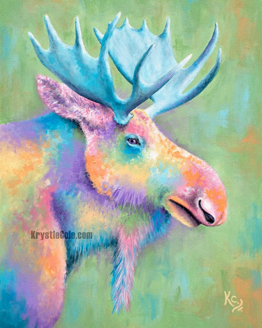 Moose Art Print on CANVAS or PAPER of Colorful Moose Painting by Krystle Cole