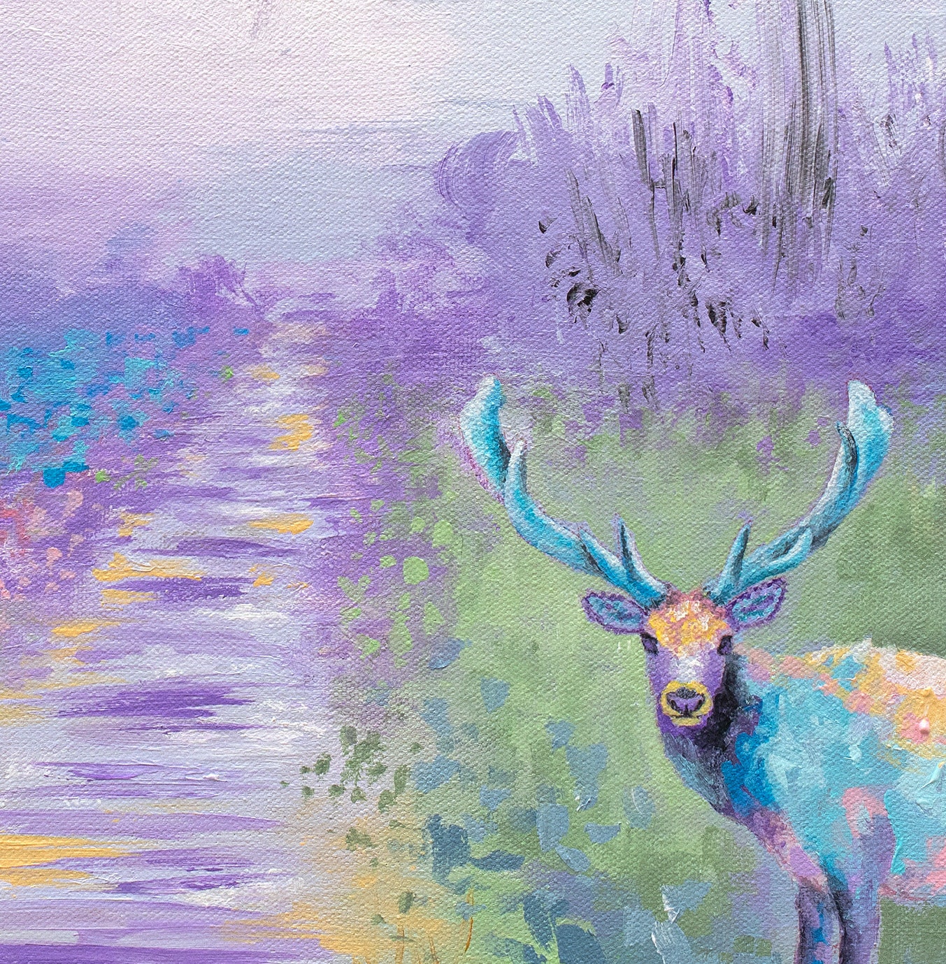 Landscape Art Print on CANVAS or PAPER - Landscape Painting with a Deer and Crow by Krystle Cole