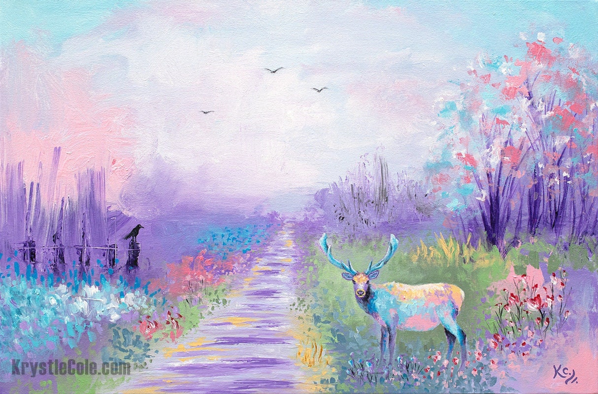 Landscape Art Print on CANVAS or PAPER - Landscape Painting with a Deer and Crow by Krystle Cole