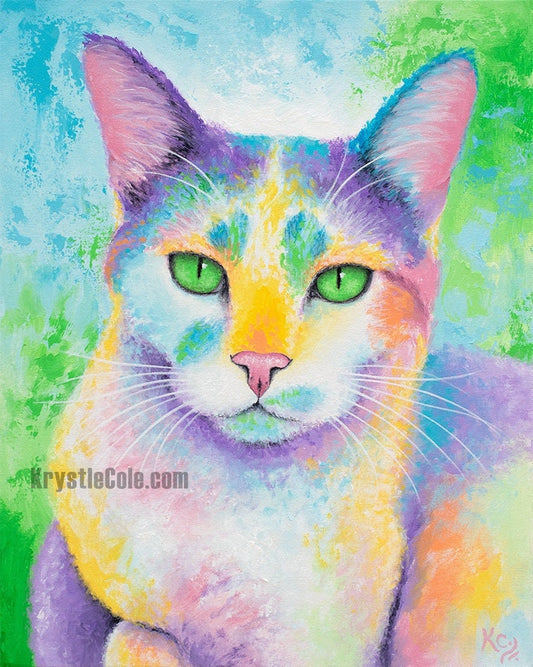 Cat Painting - Colorful Cat Art Print on CANVAS or PAPER by Krystle Cole