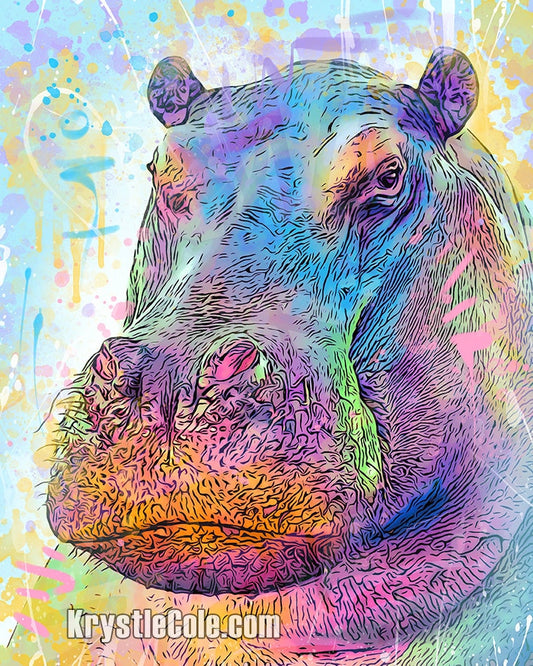 Hippo Art Print on CANVAS or PAPER - Hippopotamus Painting by Krystle Cole *Each Print Hand Signed*