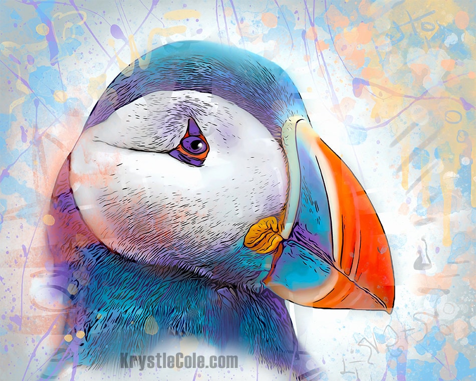 Puffin Art Print on CANVAS or PAPER - Colorful Puffin Painting by Krystle Cole