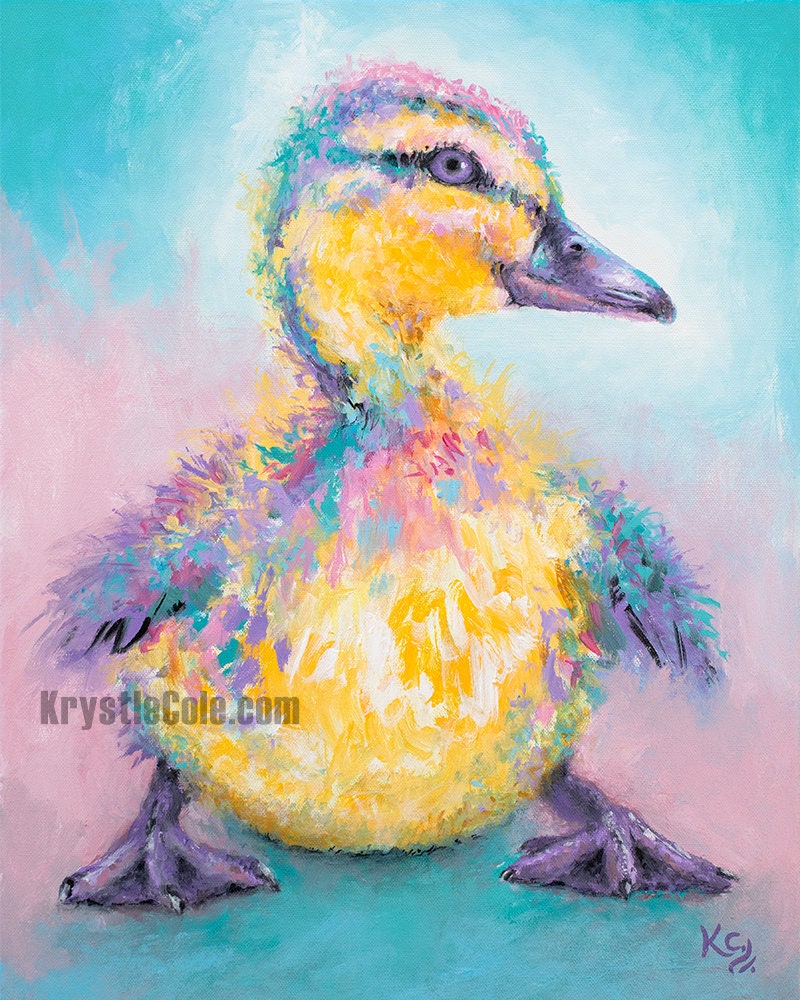 Colorful Duckling Art Print on CANVAS or PAPER - Baby Duck Painting by Krystle Cole
