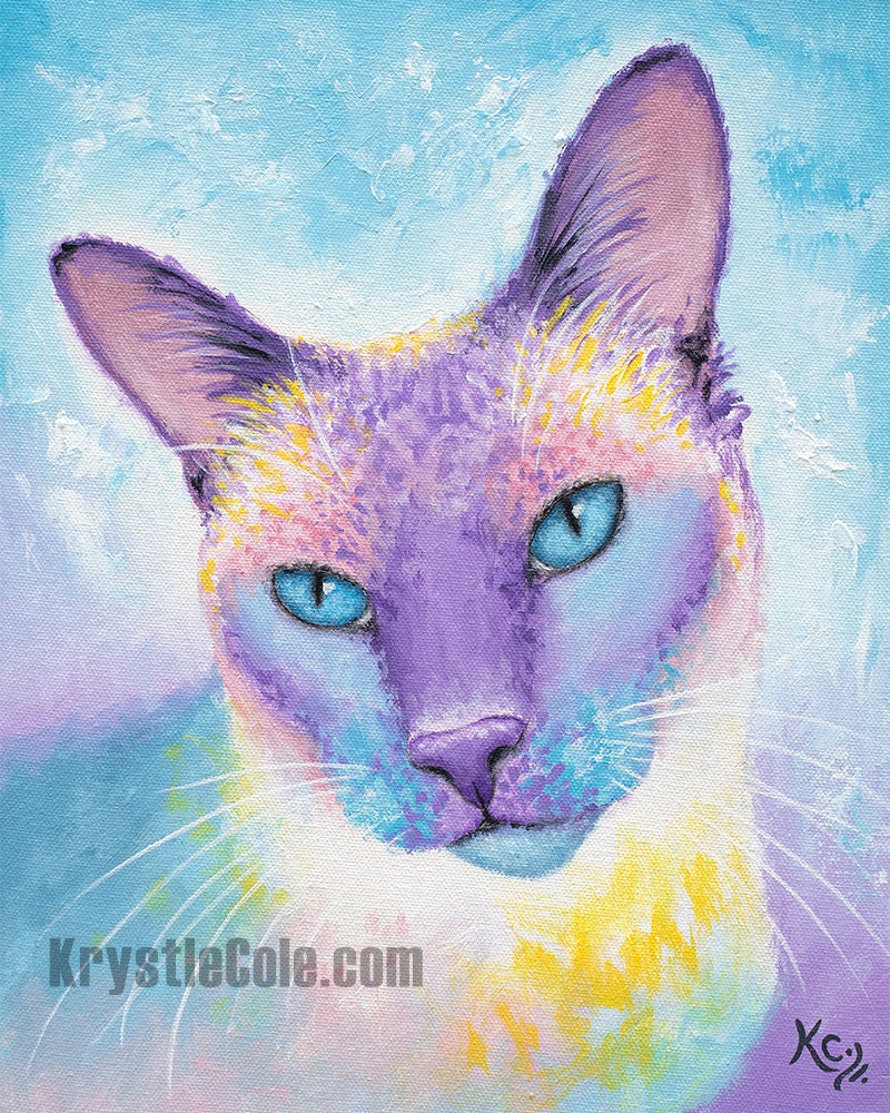 Siamese Cat Painting - Colorful Cat Art Print on CANVAS or PAPER by Krystle Cole