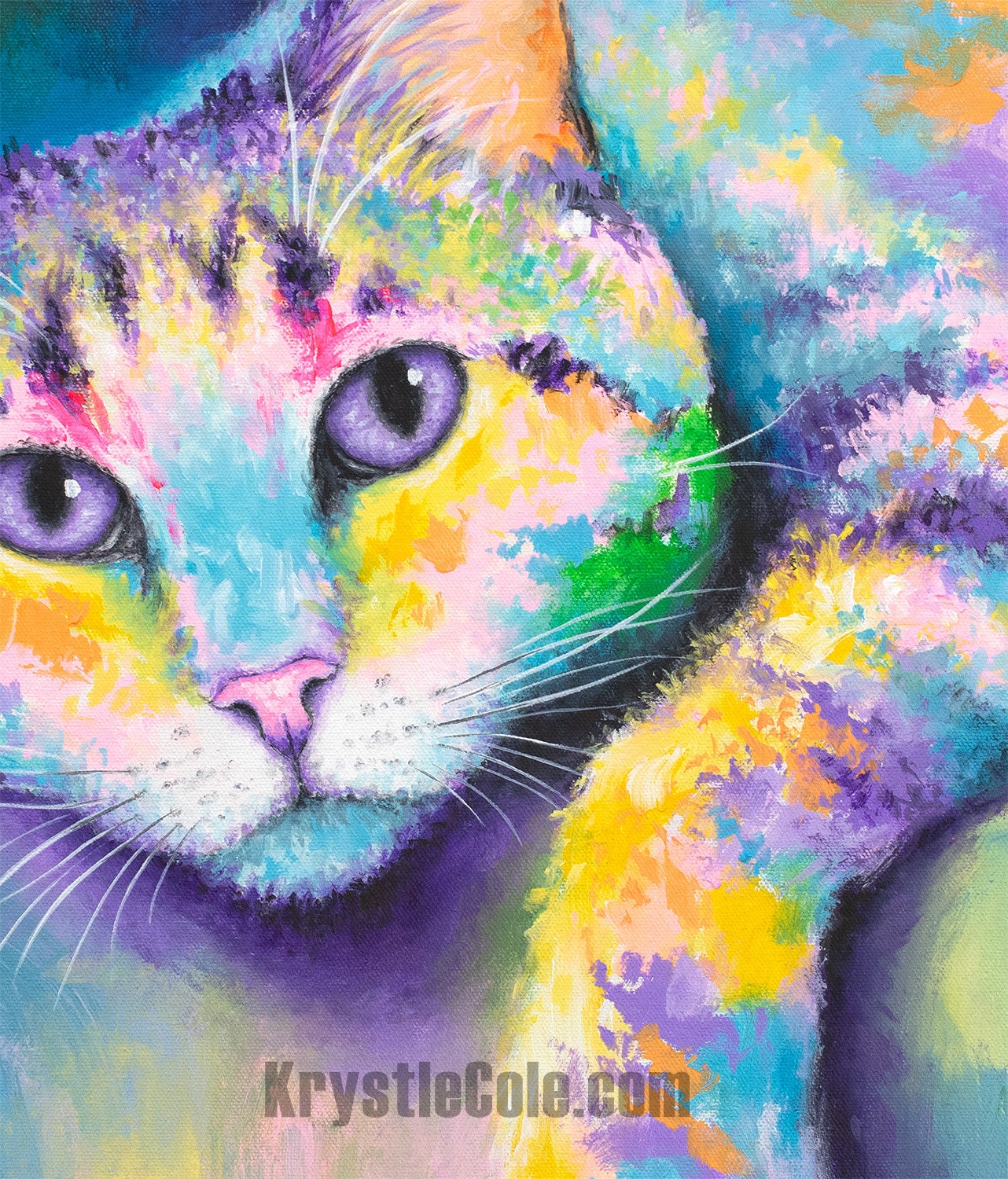 Colorful Cat Painting - Rainbow Cat Art. Tabby Cat Print on CANVAS or PAPER by Krystle Cole