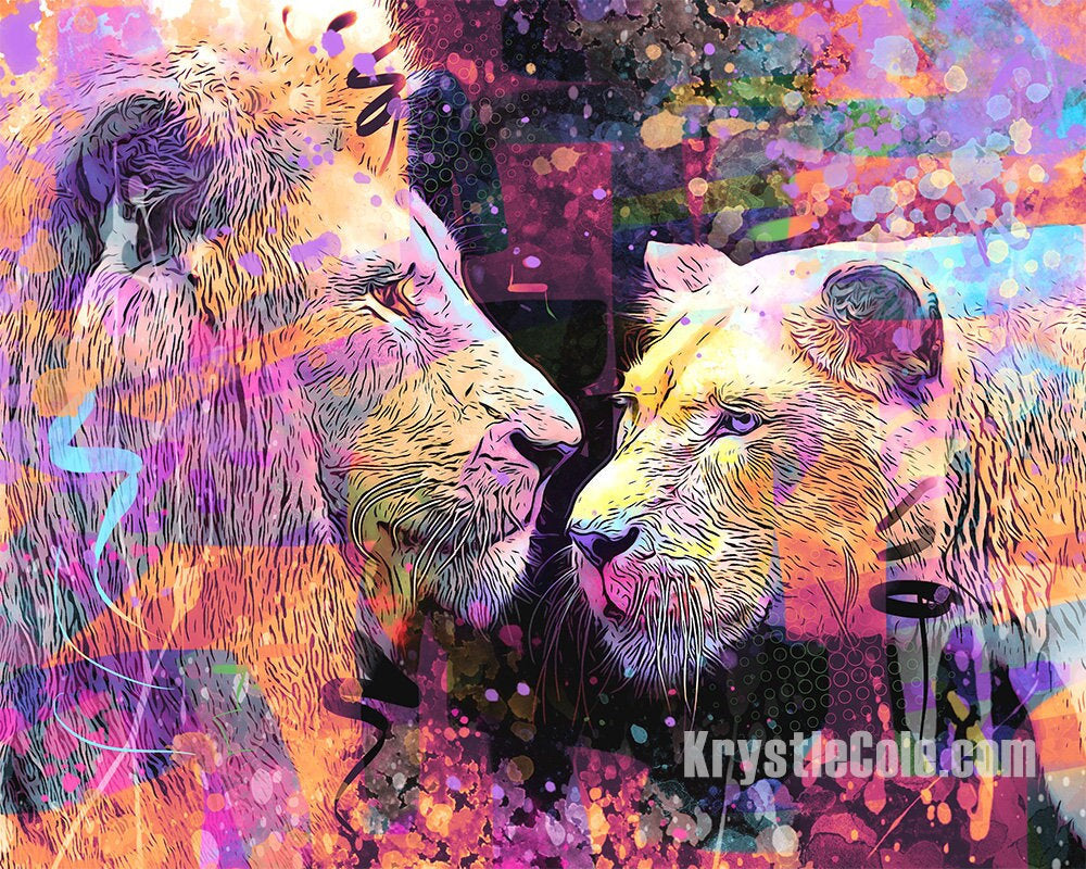 Two Lions Art Print on CANVAS or PAPER - Lion Wall Art. Lion Painting. Original Artwork by Krystle Cole *Each Print Hand Signed*