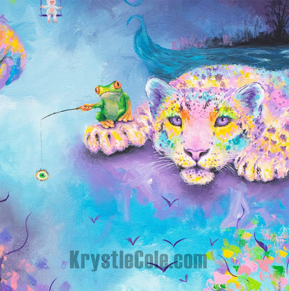 Visionary Art - Surreal Fantasy Painting with Snow Leopard, Raccoon, Frog, & More Animals! Print of "Gibbon Me A Head Trip" by Krystle Cole