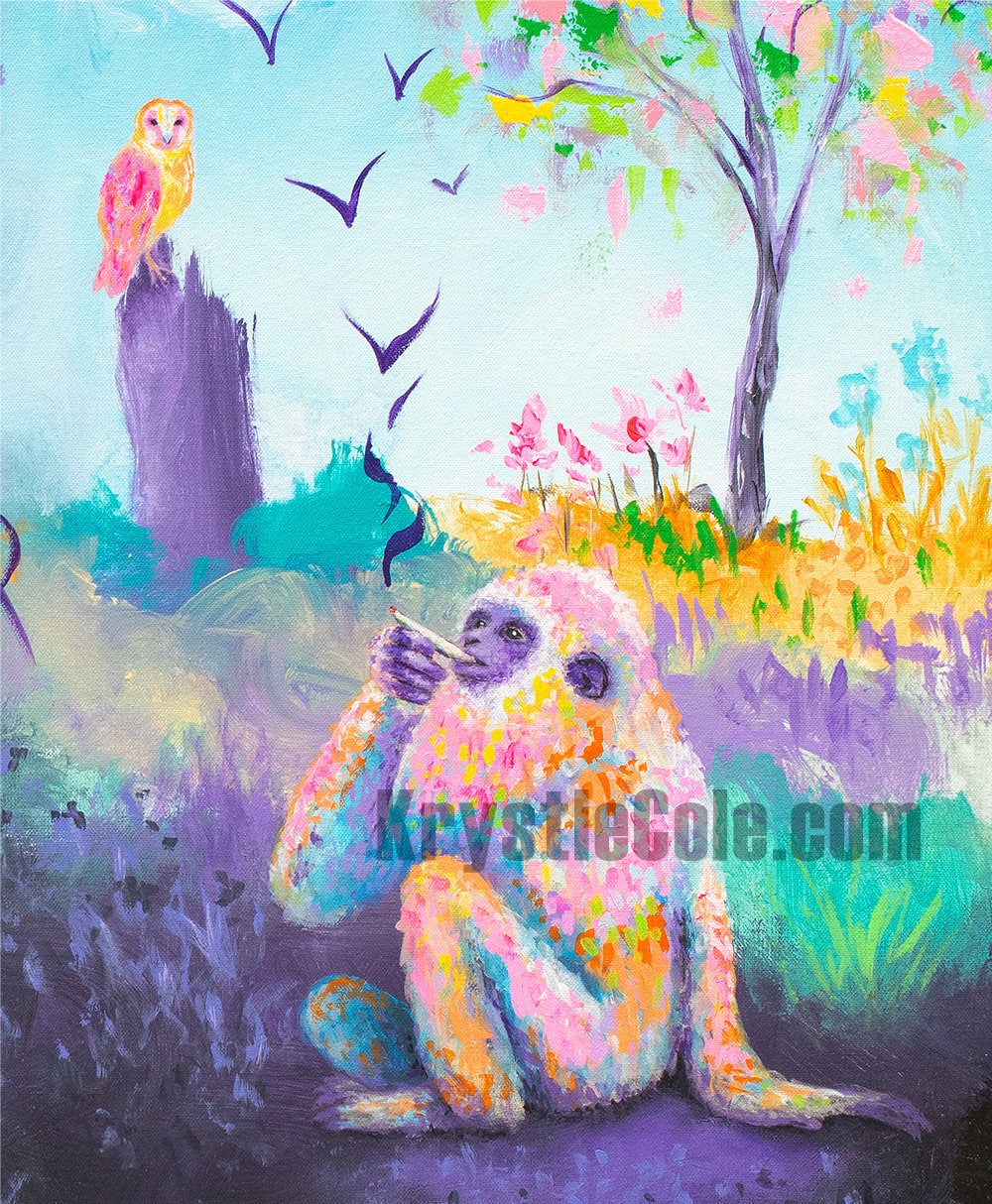 Visionary Art - Surreal Fantasy Painting with Snow Leopard, Raccoon, Frog, & More Animals! Print of "Gibbon Me A Head Trip" by Krystle Cole