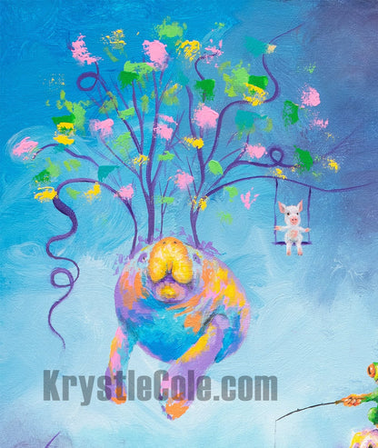 Visionary Art - Surreal Fantasy Painting with Snow Leopard, Raccoon, Frog, & More Animals! Print of "Gibbon Me A Head Trip" by Krystle Cole
