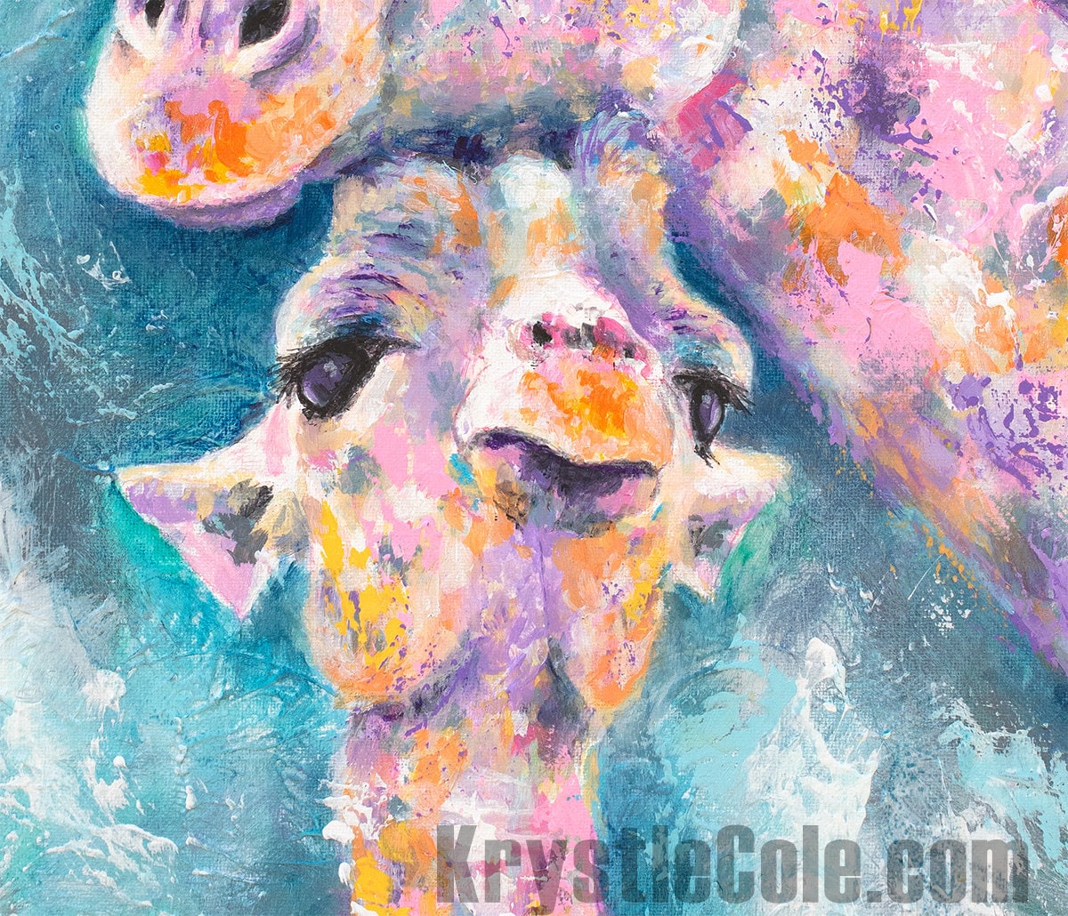 Giraffe Art - Mom and Baby Giraffe Wall Art. Giraffes Print on CANVAS or PAPER. Impasto Giraffe Painting by Krystle Cole